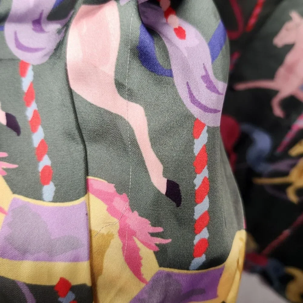 Karen Mabon Whimsical CAROUSEL Satin Pajama Shirt Women's Size XLARGE Green RARE